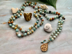 Courage & Truth Amazonite Gold Findings & Buddha Mala 108 Gemstone Beads Necklace