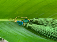 Load image into Gallery viewer, Green Tassel Blue Topaz Statement Dangle Earrings