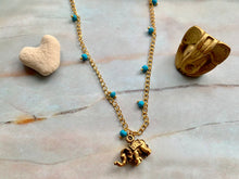 Load image into Gallery viewer, Blue Turquoise &amp; Gold Elephant Good Luck Charm Necklace
