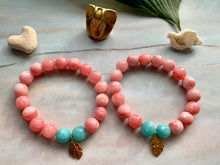 Load image into Gallery viewer, Faceted Pink Dyed Jade Gemstone Monstera Leaf Charm Bracelet