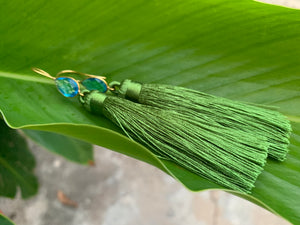 Green Tassel Blue Topaz Statement Dangle Earrings