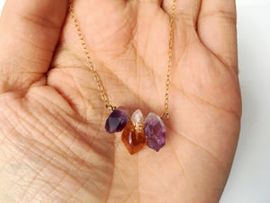Raw Amethyst-Citrine-Amethyst Crystal Gemstone Gold Filled Necklace
