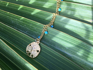 Blue Turquoise & Gold Filled Dollar Sand Shell Charm Necklace