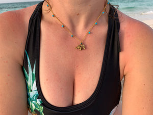 Blue Turquoise & Gold Elephant Good Luck Charm Necklace