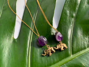 Amethyst Crystal Gemstone & Antique Gold Elephant Good Luck Charm Necklace