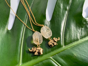 Citrine Healing Crystal Gemstone & Elephant Antique Gold Charm Necklace