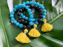 Load image into Gallery viewer, Aquamarine Healing Crystal Lava Beads &amp; Yellow Tassel Bracelet