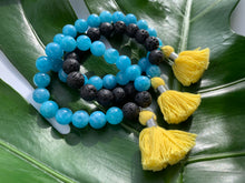 Load image into Gallery viewer, Aquamarine Healing Crystal Lava Beads &amp; Yellow Tassel Bracelet