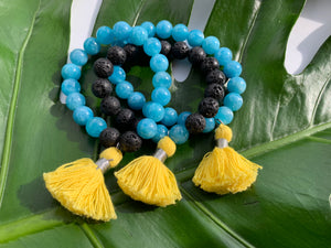 Aquamarine Healing Crystal Lava Beads & Yellow Tassel Bracelet