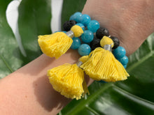 Load image into Gallery viewer, Aquamarine Healing Crystal Lava Beads &amp; Yellow Tassel Bracelet