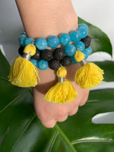 Load image into Gallery viewer, Aquamarine Healing Crystal Lava Beads &amp; Yellow Tassel Bracelet