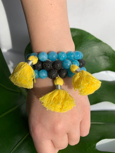 Aquamarine Healing Crystal Lava Beads & Yellow Tassel Bracelet