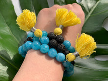 Load image into Gallery viewer, Aquamarine Healing Crystal Lava Beads &amp; Yellow Tassel Bracelet