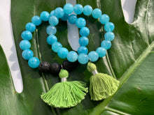 Load image into Gallery viewer, Aquamarine Healing Crystal Lava Beads &amp; Green Tassel Bracelet