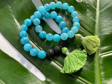 Load image into Gallery viewer, Aquamarine Healing Crystal Lava Beads &amp; Green Tassel Bracelet