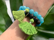 Load image into Gallery viewer, Aquamarine Healing Crystal Lava Beads &amp; Green Tassel Bracelet