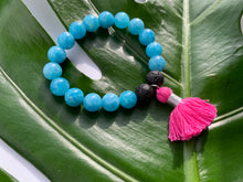 Load image into Gallery viewer, Aquamarine Healing Crystal Lava Beads &amp; Hot Pink Tassel Bracelet