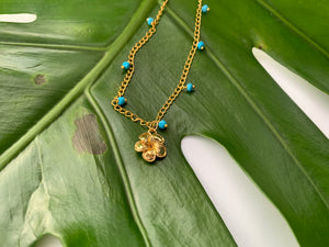 Blue Turquoise & Gold Filled Plumeria Charm Necklace