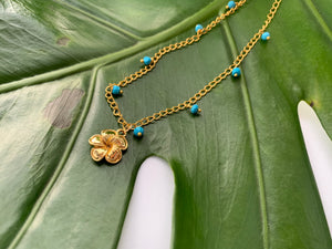Blue Turquoise & Gold Filled Plumeria Charm Necklace