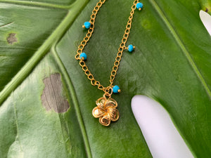 Blue Turquoise & Gold Filled Plumeria Charm Necklace