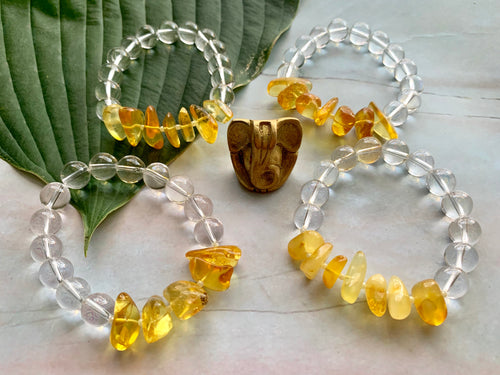 Yellow Orange Natural Amber and Quartz Gemstone Bracelet