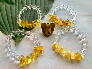Yellow Orange Natural Amber and Quartz Gemstone Bracelet