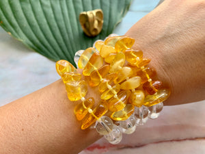Yellow Orange Natural Amber and Quartz Gemstone Bracelet