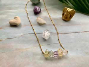 Multi-Gem: Citrine, Purple Amethyst, Quartz, Rose Quartz Gold Plated Necklace