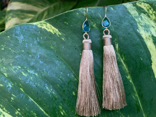 Light Brown Tassel Blue Topaz Statement Dangle Earrings