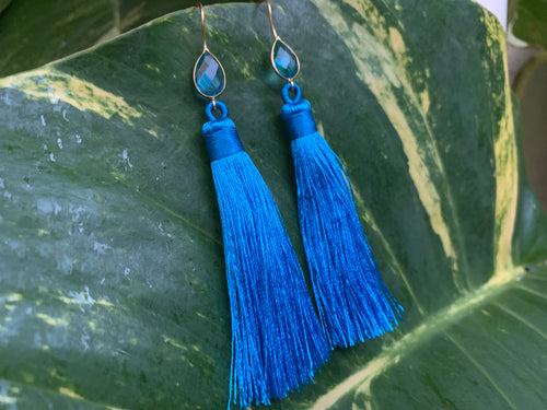 Royal Blue Tassel Blue Topaz Statement Dangle Earrings