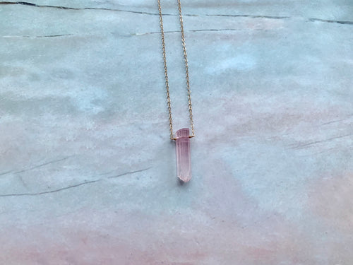 Raw Pink Tourmaline Gemstone Healing Crystal Gold Filled Necklace