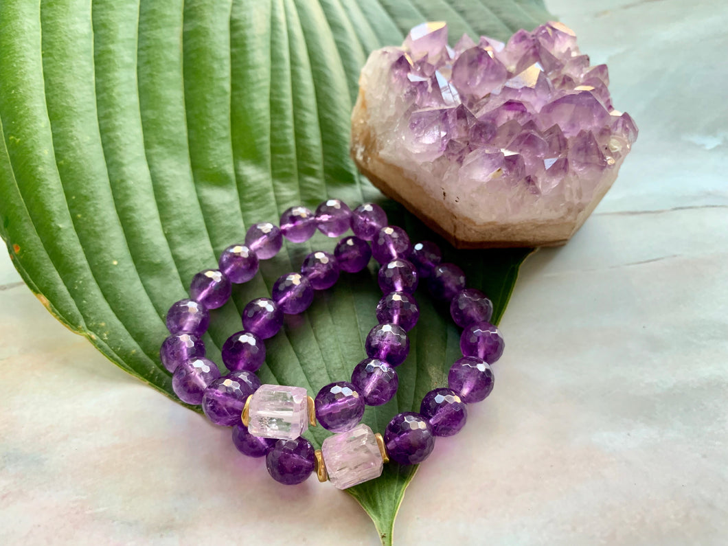 10mm Faceted Amethyst and Raw Lavender Kunzite Healing Crystal Bracelet