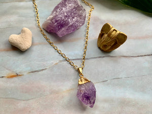 Raw Amethyst Healing Crystal Gemstone Gold Plated Pendant Necklace