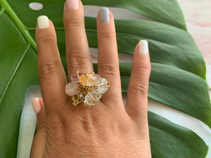 Multi-Gem: Citrine, Purple Amethyst, Quartz, Rose Quartz, Herkimer Diamond Statement 7.5 Ring