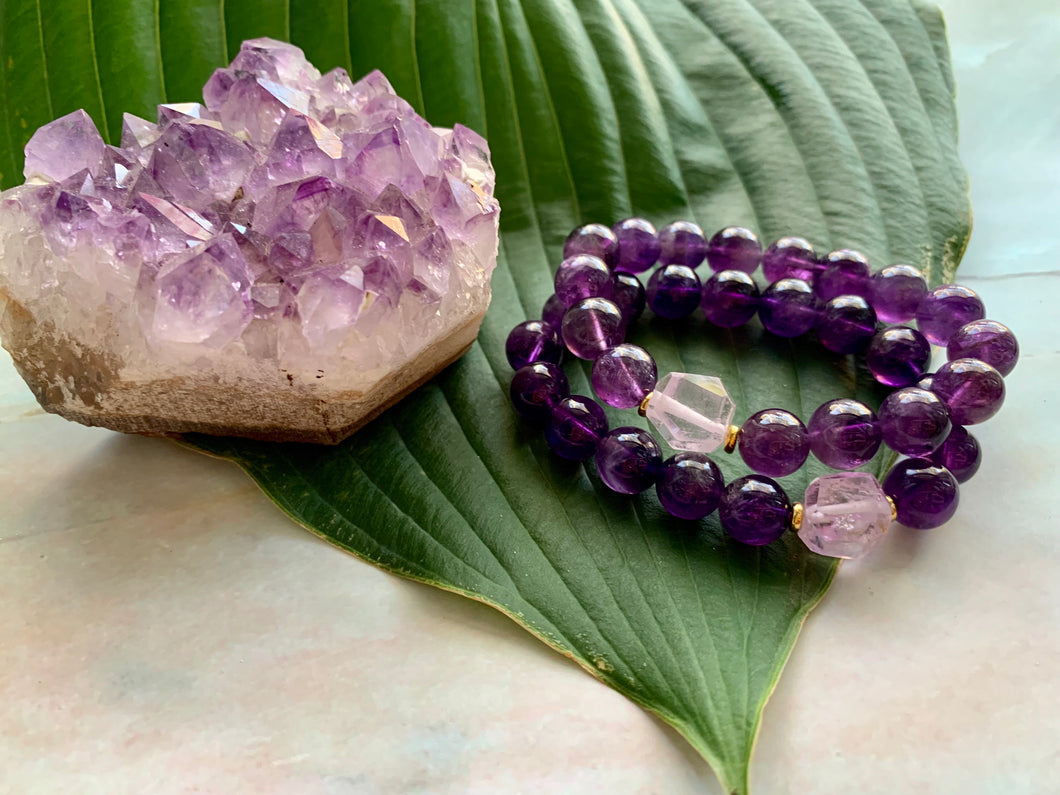 10mm Amethyst and Raw Lavender Kunzite Healing Crystal Bracelet