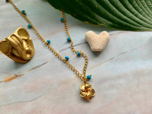 Load image into Gallery viewer, Blue Turquoise &amp; Gold Filled Plumeria Charm Necklace