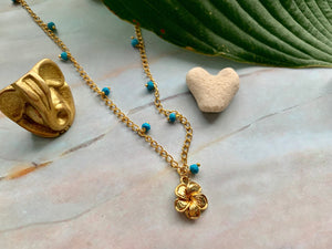 Blue Turquoise & Gold Filled Plumeria Charm Necklace
