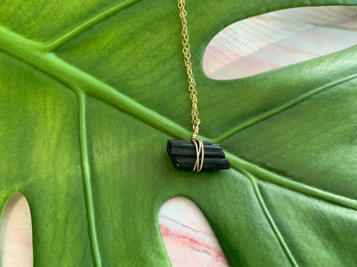 Raw Black Tourmaline Gemstone Healing Crystal Gold Filled Necklace