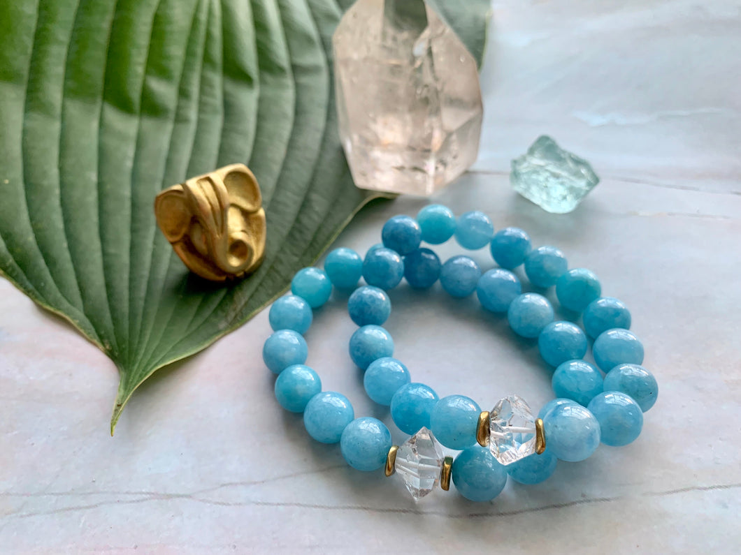 Aquamarine & Large Herkimer Diamond Healing Crystal Gemstone Bracelet