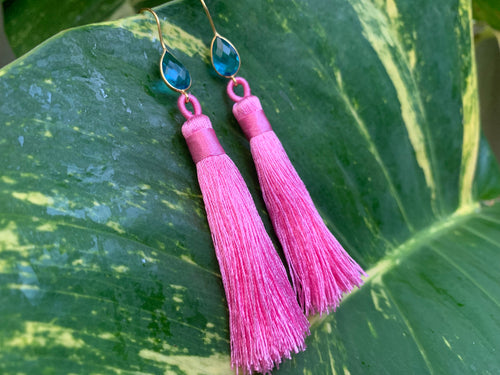 Hot Pink Tassel Blue Topaz Statement Dangle Earrings