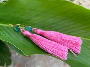 Hot Pink Tassel Blue Topaz Statement Dangle Earrings