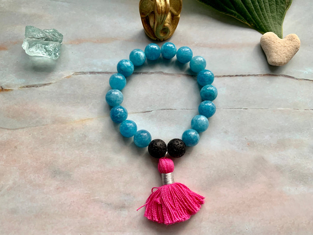 Aquamarine Healing Crystal Lava Beads & Hot Pink Tassel Bracelet