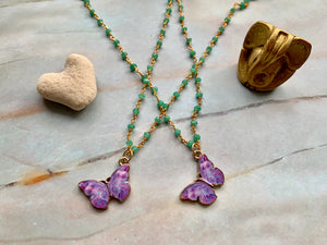 Green Chalcedony & Purple Gold Butterfly Charm Necklace