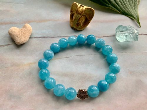 Aquamarine Healing Gemstone & Silver Plated Cherry Blossom Charm Bracelet