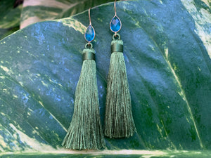 Green Tassel Blue Topaz Statement Dangle Earrings