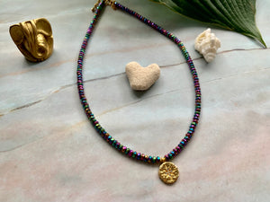 Multi-color Hematite & Stardust Gold Charm Choker Necklace