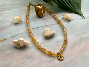 Citrine Healing Crystal Gemstone Beads & Gold Flower Choker Necklace