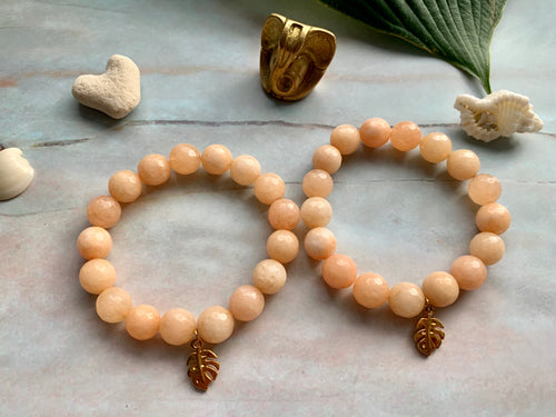 Faceted Sherbert Orange Dyed Jade Gemstone Monstera Leaf Charm Bracelet