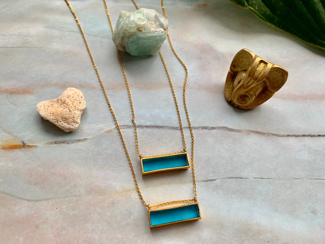 Gold Blue Topaz Bar Dainty Pendant Necklace