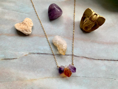 Raw Amethyst-Citrine-Amethyst Crystal Gemstone Gold Filled Necklace